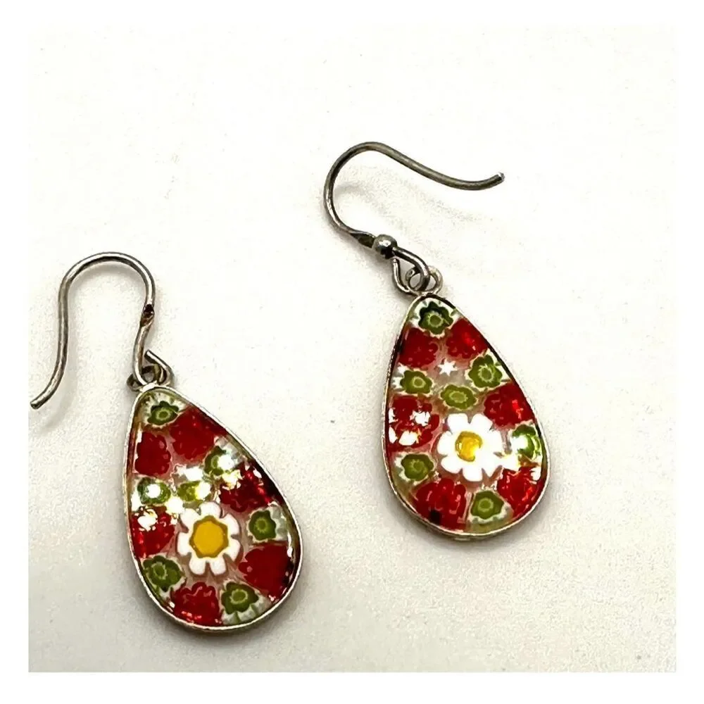 Murano millefiori teardrop sterling silver earrings